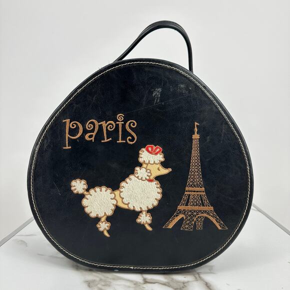 Vintage Paris Poodle Eiffel Tower Black Leather Embroider Hatbox Large Purse Bag - Picture 4 of 8